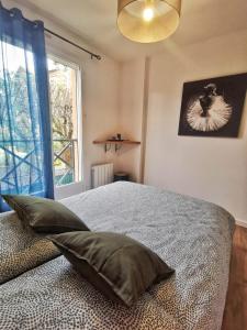 1 dormitorio con 1 cama con 2 almohadas y ventana en Affaire - Idéal pour séjour 7/14/29 nuits, en Lagny