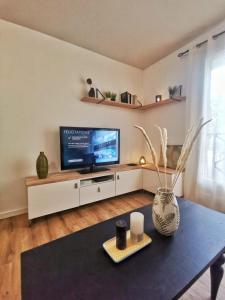 una sala de estar con TV y un jarrón sobre una mesa en Affaire - Idéal pour séjour 7/14/29 nuits, en Lagny