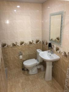 a bathroom with a toilet and a sink and a mirror at Bjnihouse, guest house in Bjni