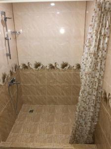 a shower with a shower curtain in a bathroom at Bjnihouse, guest house in Bjni