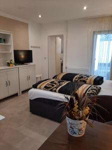 a bedroom with two beds and a potted plant at Landlust! in Hoyerswerda