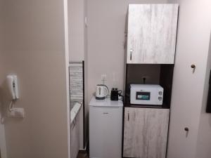 una piccola cucina con frigorifero e forno a microonde di Borovets Gardens apartment A20 a Borovets