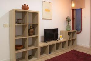 Apartamento Estación Manzaneda في Prada: رف للكتب مع تلفزيون في الغرفة