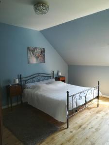 a bedroom with a bed and a blue wall at Maison Angulus Ridet in Montcresson