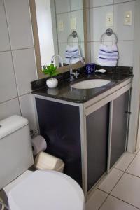 a bathroom with a sink and a toilet and a mirror at Conforto e melhor vista - 100 metros da praia in Natal