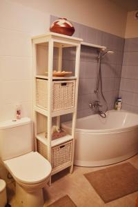 ein Badezimmer mit einem weißen WC und einer Badewanne in der Unterkunft Central Park Apartment Birštonas in Birštonas