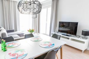 Televízia a/alebo spoločenská miestnosť v ubytovaní AL-DOM apartamenty Apartament Stjarne w spokojnej okolicy