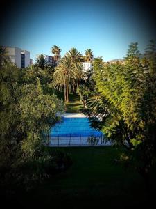basen z palmami w parku w obiekcie Appartement à 250m de la plage w mieście Benalmádena