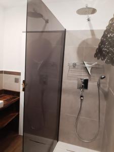 a shower with a glass door in a bathroom at Florentiner Haus in Kiefersfelden +19 photos