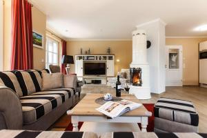 a living room with a couch and a fireplace at Holiday house, Fuhlendorf in Fuhlendorf