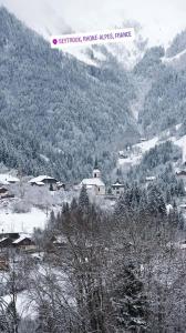 a village in the snow with a church on a mountain at Kern in Seytroux +2 photos