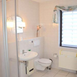 a bathroom with a toilet and a sink and a shower at Apartmenthaus Spreewaldperle in Burg