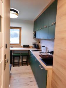 a kitchen with green cabinets and a counter top at Agroturystyka Słoszówka in Duszniki Zdrój