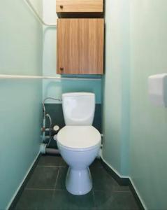 a bathroom with a white toilet in a stall at Nice private room in a three room apartment Free parking Feel like at home in Vilnius