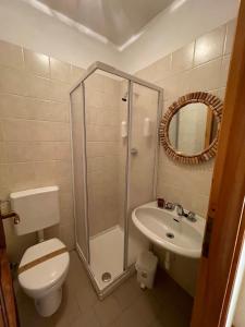 ein Badezimmer mit Dusche, Toilette und Waschbecken in der Unterkunft B&B Viridian in Quassolo