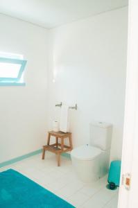 a bathroom with a white toilet and a blue rug at Xicotina in Moledo +19 photos