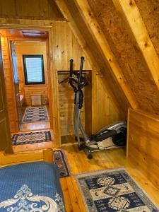 a room with a gym in a wooden cabin at Holiday Home Vojinovic in Žabljak