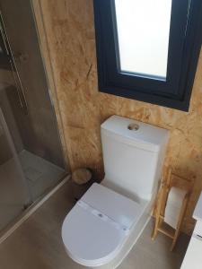a bathroom with a white toilet and a shower at Refúgio do Sobreiro in Cabeceiras de Basto +12 photos
