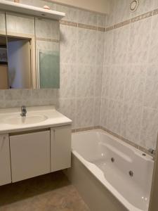 Un baño con lavabo, bañera y espejo. en ZEEPAREL Duplex loft, en Blankenberge