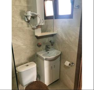 a bathroom with a toilet and a sink and a mirror at Apartment Winter Star 1 in Smailagića Polje