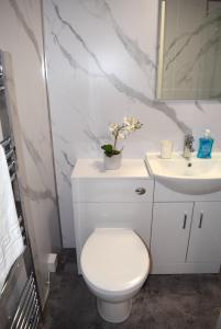 a white bathroom with a toilet and a sink at Kelpies Serviced Apartments- Robertson in Falkirk