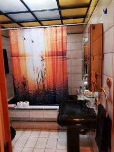 a bathroom with a shower curtain and a sink at Kouro's private room! in Piraeus