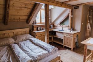 a bedroom with a bed and a sink at Krasná Samota in Chřibská