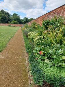a garden with flowers and plants next to a brick wall at Moggerhanger Park, Moggerhanger in Sandy