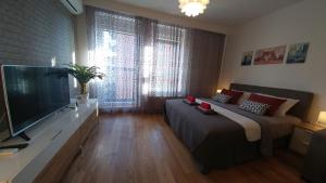 um quarto com uma cama e uma televisão de ecrã plano em Apartments Delta A Blok - Savada em Belgrado
