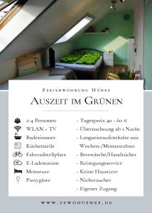 ein Poster mit Beschreibungen eines Schlafzimmers in einem Haus in der Unterkunft Auszeit im Grünen - Ferienwohnung in Hünxe in Hünxe