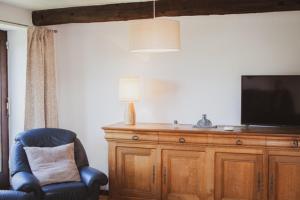 sala de estar con silla y TV de pantalla plana en La petite maison du moulin de Scoville., en Hamois