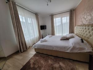 um quarto com uma cama e 2 janelas grandes em Vila Mery em Moisei