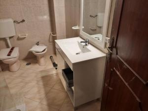 a bathroom with a sink and a toilet and a mirror at appartement cabanas de tavira bord de mer in Cabanas de Tavira