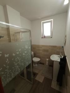 a bathroom with a shower and a toilet and a sink at Privat Teo Podtureň in Liptovský Mikuláš