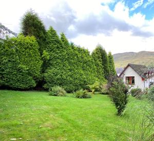 einen Hof mit grünem Gras und Bäumen und ein Haus in der Unterkunft Ardlinnhe Cottage in Fort William