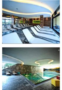 dos fotos de una habitación de hotel con camas y una piscina en Biancas Luxury Apartment close Ischgl Spa & Pool en Kappl