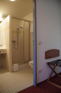 a bathroom with a shower and a sink and a toilet at EuroHotel Günzburg in Günzburg