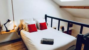 a bedroom with a black and white bed with red pillows at Duplex industriel - Centre ville Parking privé WIFI in Angers