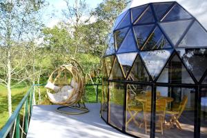 a glass igloo house with a swing and a table at Glamping Reserva del Dorado in Sesquilé +27 photos