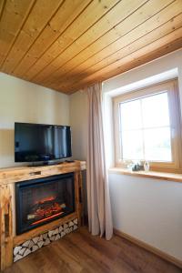 ein Wohnzimmer mit einem Kamin, einem TV und einem Fenster in der Unterkunft Hubertus Lodge in Ibach