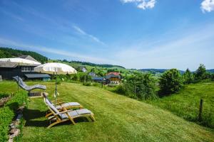 a group of lounge chairs and an umbrella on a field at Hubertus Lodge in Ibach