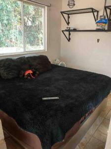 1 dormitorio con 1 cama grande con manta negra en Casa de campo ARANDAS JAL internet 10min pueblo, en Arandas