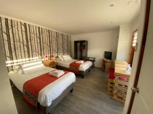 a hotel room with two beds and a television at Rumbo Suites in Punta Arenas