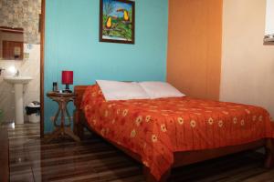 a bedroom with a bed with a red blanket at Cabinas Cascada Rio Celeste in Bijagua