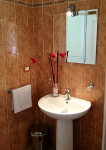 ein Badezimmer mit einem Waschbecken, einem Spiegel und roten Blumen in der Unterkunft Olly Apartments in Bologna