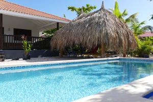 a swimming pool with a straw umbrella next to a house at Villa de Mango in Fontein +32 photos
