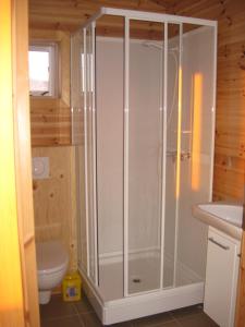 a shower in a bathroom with a toilet and a sink at Langafjaran Cottages in Hjarðarfell
