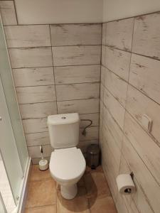 La salle de bains est pourvue de toilettes blanches. dans l'établissement Apartmán na statku Červený Kostelec, à Červený Kostelec