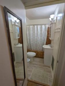 a bathroom with a toilet and a sink and a mirror at Warm and Welcoming 2BR close to UNM North Campus in Albuquerque