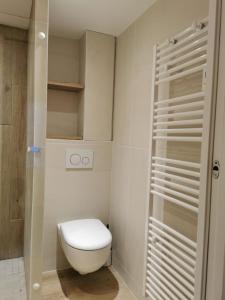 Un pequeño baño con inodoro y ducha. en La Glycine Hypercentre et tout confort, en Deauville 12 fotos más